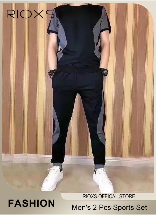 Men's 2 Pieces Summer Color Stitching Sports Set Crew Neck Slim Fit T-shirt & Elastic Waist Downstrings Jogger Long Pants