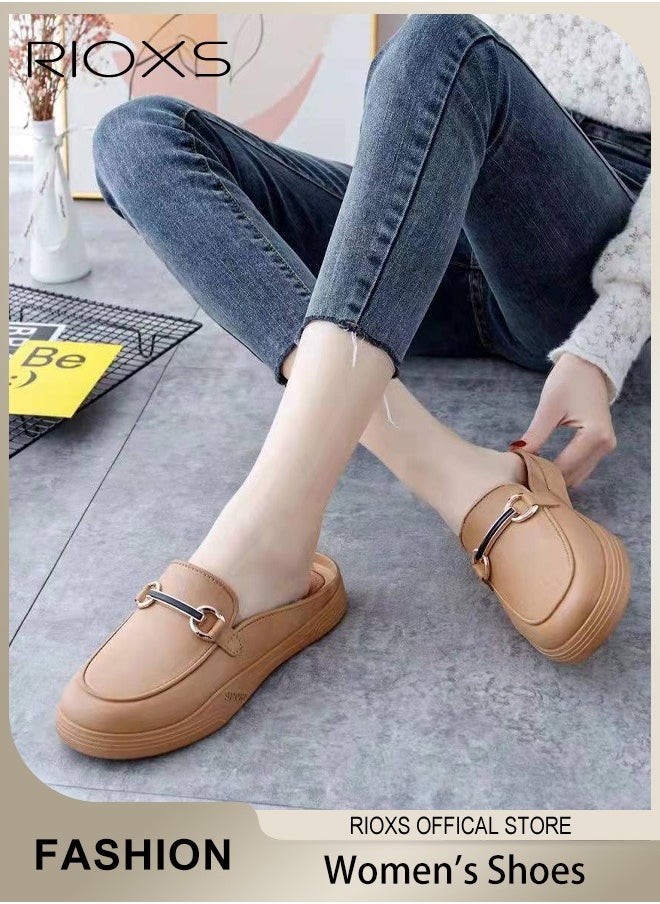 Women's Mules Low Heel Flats Shoes Leather Slip On Backless Sandals Round Toe Loafers For Girls Lady