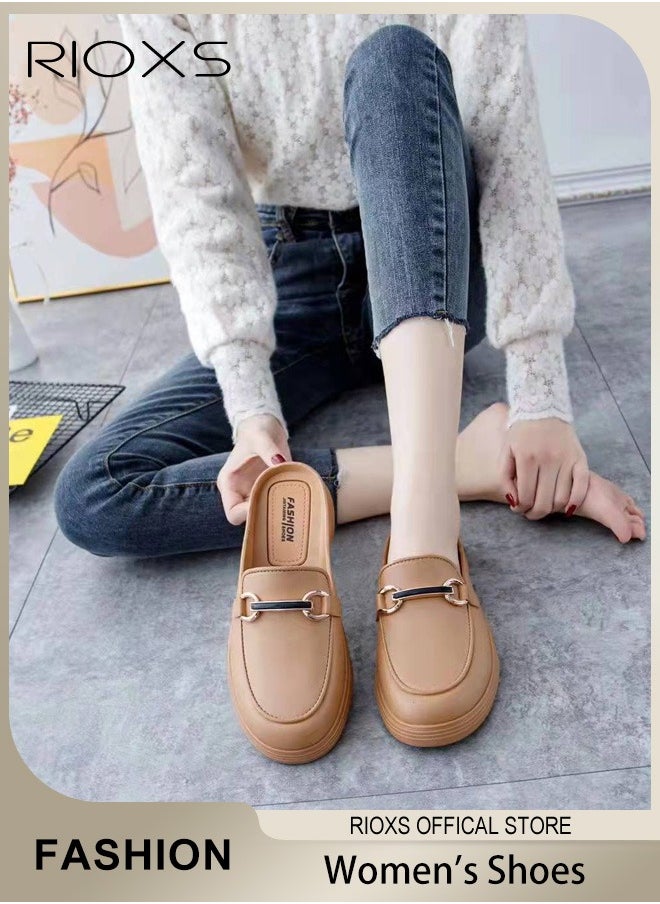 Women's Mules Low Heel Flats Shoes Leather Slip On Backless Sandals Round Toe Loafers For Girls Lady