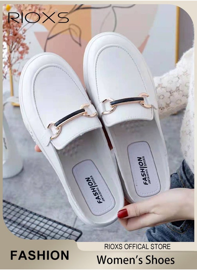 Women's Mules Low Heel Flats Shoes Leather Slip On Backless Sandals Round Toe Loafers For Girls Lady