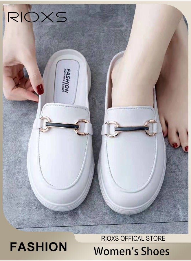 Women's Mules Low Heel Flats Shoes Leather Slip On Backless Sandals Round Toe Loafers For Girls Lady