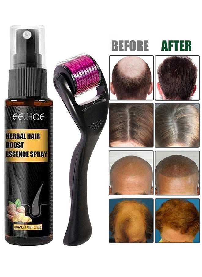 Herbal Hair Boost Essence Spray, Natural Herbal Hair Regrowth Treatment Anti Hair Loss Serum Hair Growth Essence Spray Micro Needling Roller Set, Make Hair Stronger Thicker Longer, 30ML