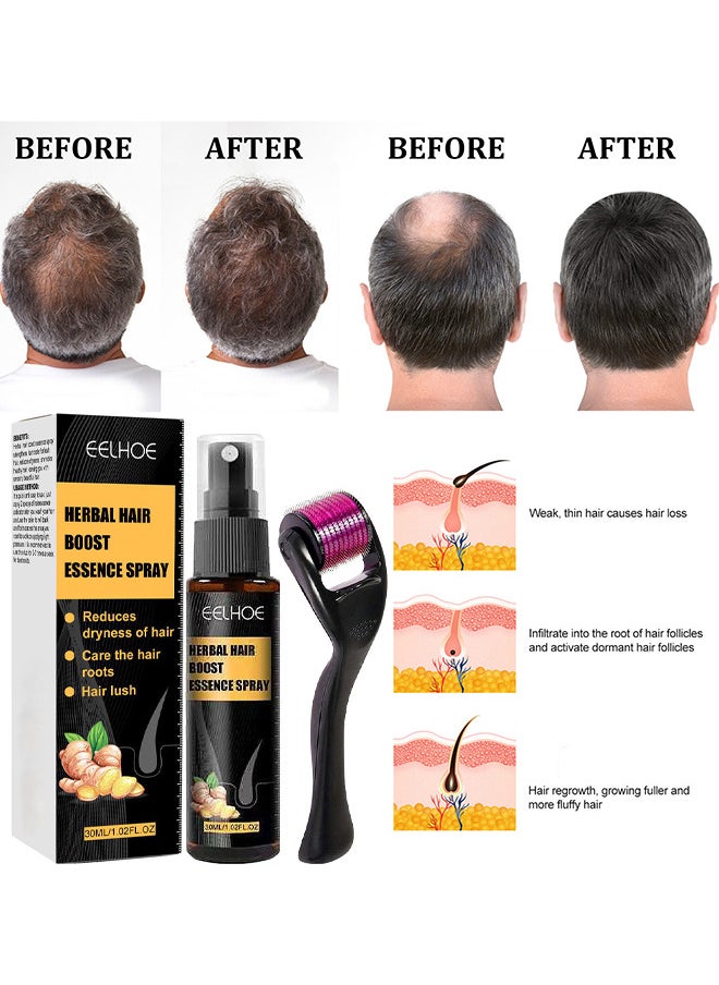 Herbal Hair Boost Essence Spray, Natural Herbal Hair Regrowth Treatment Anti Hair Loss Serum Hair Growth Essence Spray Micro Needling Roller Set, Make Hair Stronger Thicker Longer, 30ML