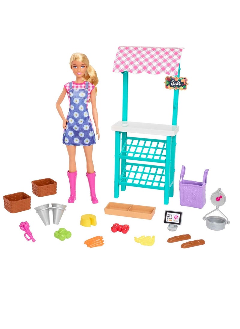 Barbie Farmers Market Playset, Barbie Doll (Blonde), Market Stand, Register, Vegetables, Bread, Flowers & More, 3 & Up