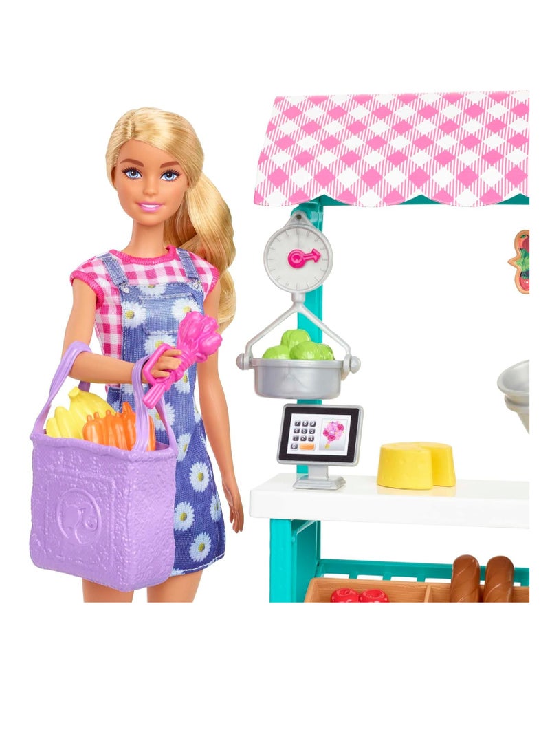 Barbie Farmers Market Playset, Barbie Doll (Blonde), Market Stand, Register, Vegetables, Bread, Flowers & More, 3 & Up