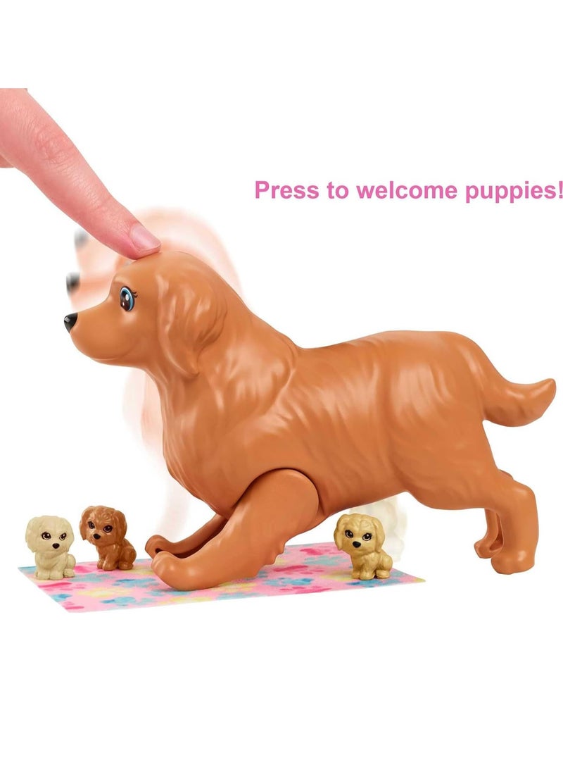 Doll Newborn Pups Playset with Blonde Doll, Mommy Dog and 3 Puppies, Kids Toys