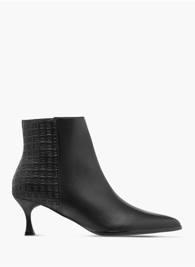 Women Monogram Embossed Ankle Boots with Kitten Heels and Zip Closure