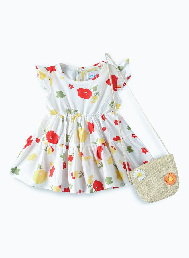 Flowers Printed Tiered Dress With Bag Multicolour