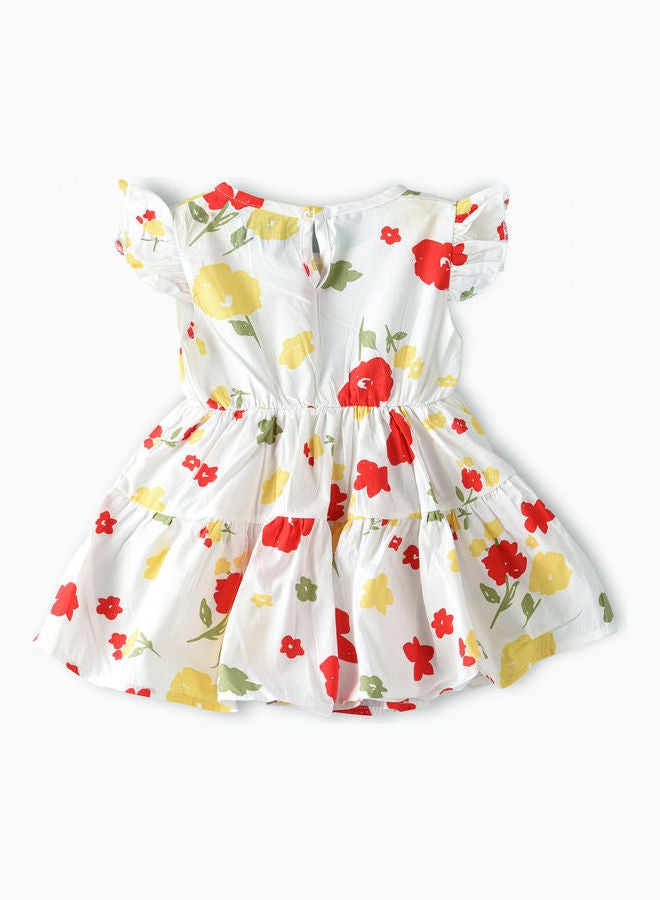 Flowers Printed Tiered Dress With Bag Multicolour