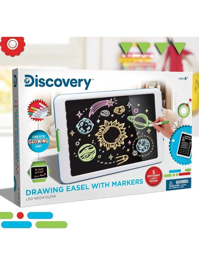 Discovery Kids Neon Glow Drawing Easel w/ 6 Color Markers, Built-in Kickstand/Wall Mount, 5 Light Modes, Easy Clean/Washable, Wide Screen, Flat Storage, Portable Travel Activity, Electronic Activity