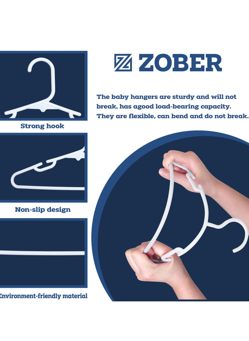 ZOBER Plastic Baby Hangers Toddler Hangers Kids Hangers Non Slip | Space Spacing | Durable & Slim, Light-Weight Childrens Hangers | For Shirts, Pants, Dresses | Hangs upto 5.5 lbs (WHITE, 100 PACK)