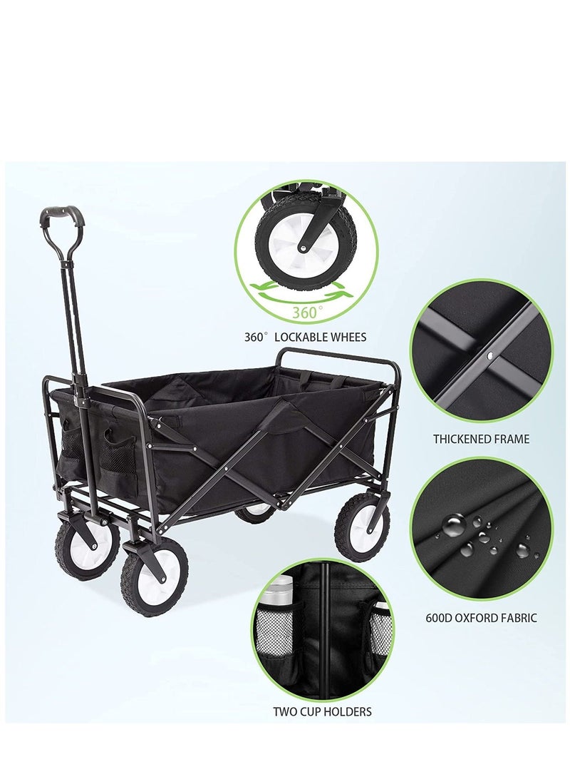 Foldable Wagon Foldable Outdoor Utility Cart Garden Shopping Cart Beach Cart with All Terrain Wheels 600D Black