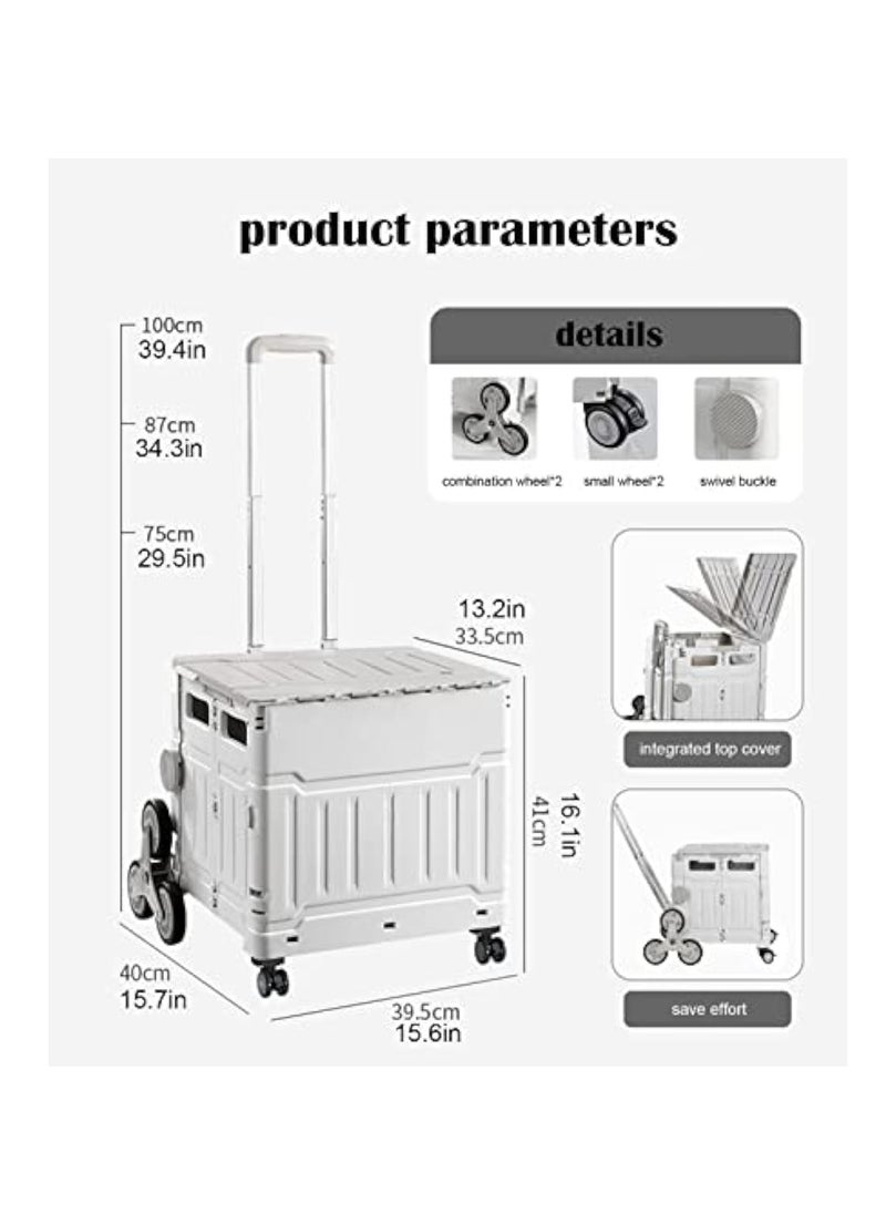 Box Storage Box Foldable Utility Cart with Stair Climbing Wheels, Rolling Shopping Trolley with Aluminum Alloy Telescopic Handle, Heavy Duty Handcart with Lid for Moving, Shopping Travel