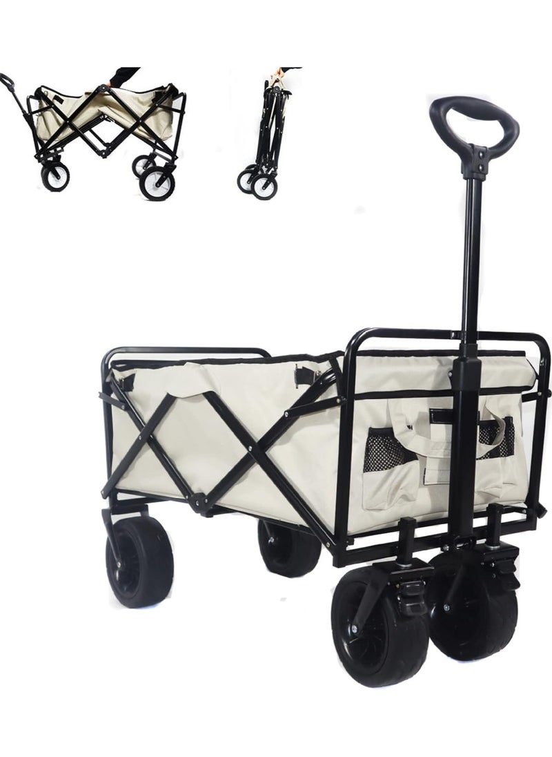 Folding Wagon, Foldable Camping Cart, Heavy Duty Utility Beach Wagon Cart, Large Capacity Foldable Grocery Wagon for Garden Outdoor, Sports, Camping, Picnic (Beige, 80kg Max Load)