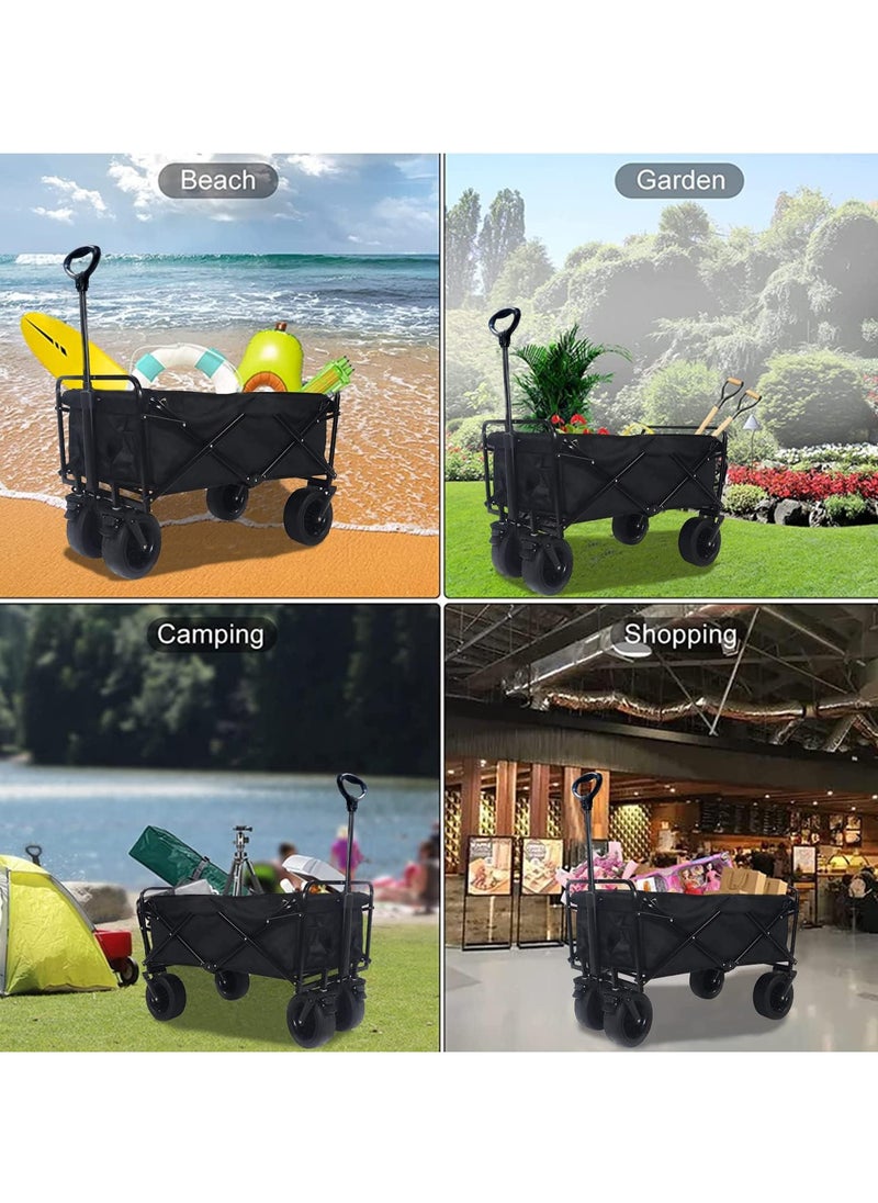 Folding Wagon, Foldable Camping Cart, Heavy Duty Utility Beach Wagon Cart, Large Capacity Foldable Grocery Wagon for Garden Outdoor, Sports, Camping, Picnic (Black, 80kg Max Load)