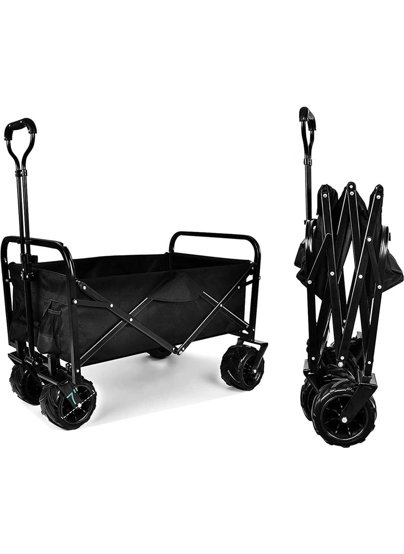 Folding Wagon, Foldable Camping Cart, Heavy Duty Utility Beach Wagon Cart, Large Capacity Foldable Grocery Wagon for Garden Outdoor, Sports, Camping, Picnic (Black, 80kg Max Load)