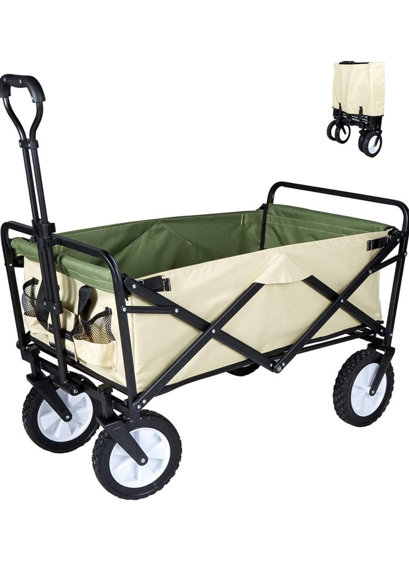 Folding Wagon, Foldable Camping Cart, Heavy Duty Utility Beach Wagon Cart, Large Capacity Foldable Grocery Wagon for Garden Outdoor, Sports, Camping, Picnic (Beige, 60kg Max Load)