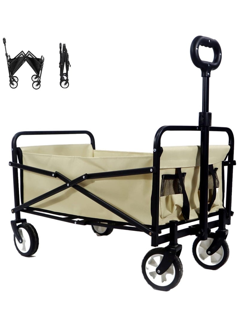 Folding Wagon, Foldable Camping Cart, Heavy Duty Utility Beach Wagon Cart, Large Capacity Foldable Grocery Wagon for Garden Outdoor, Sports, Camping, Picnic (Beige, 60kg Max Load)