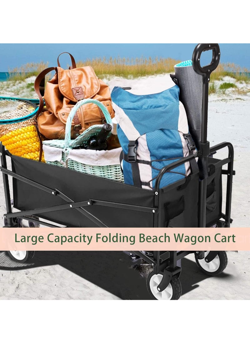 Folding Wagon, Foldable Camping Cart, Heavy Duty Utility Beach Wagon Cart, Large Capacity Foldable Grocery Wagon for Garden Outdoor, Sports, Camping, Picnic (Beige, 60kg Max Load)