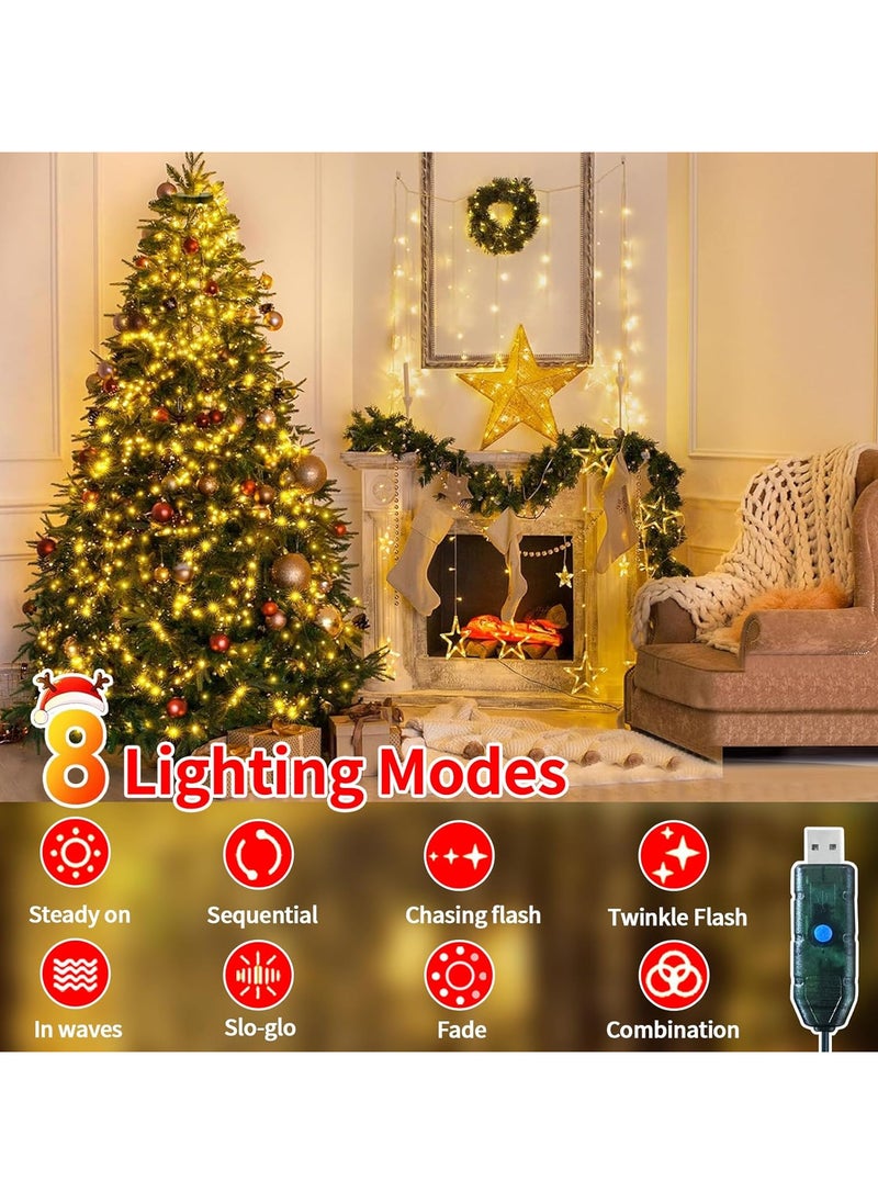 Christmas Tree Decorations Lights,2M 400 LEDs Christmas Fairy Lights Waterproof USB Powered Xmas Tree String Lights Tree Waterfall String Lights with Remote for Party Yard Decor-Warm