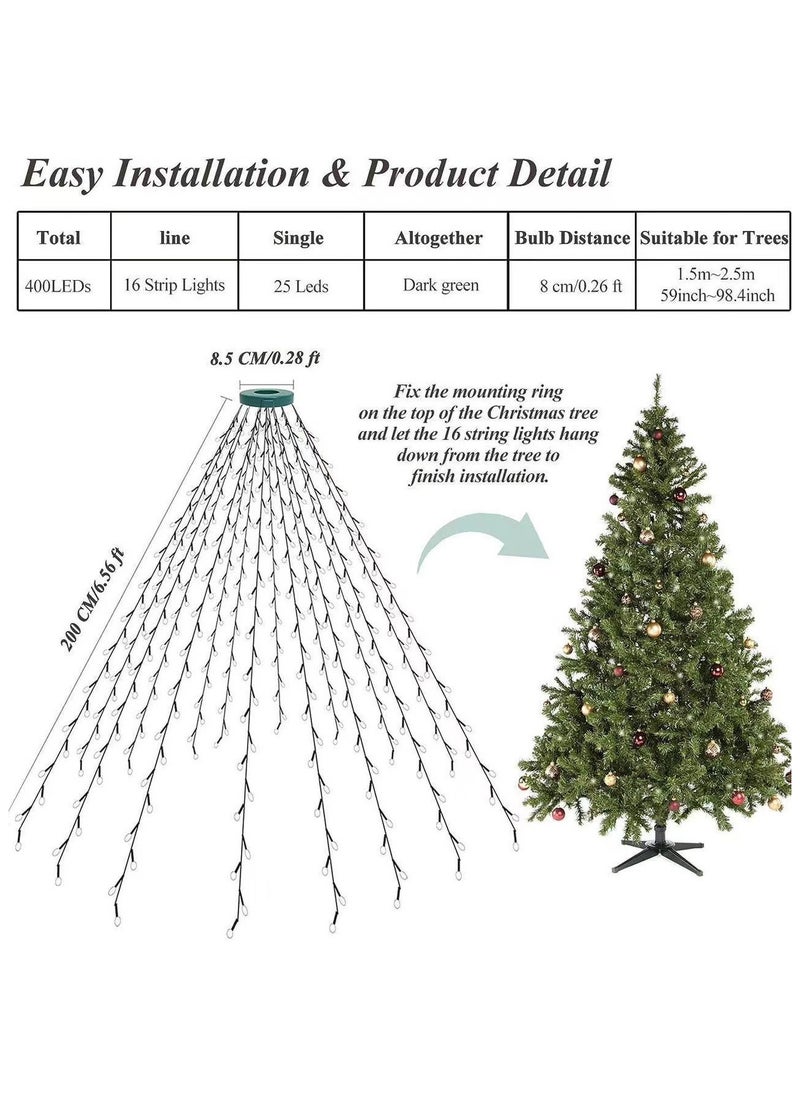 Christmas Tree Decorations Lights,2M 400 LEDs Christmas Fairy Lights Waterproof USB Powered Xmas Tree String Lights Tree Waterfall String Lights with Remote for Party Yard Decor-Warm