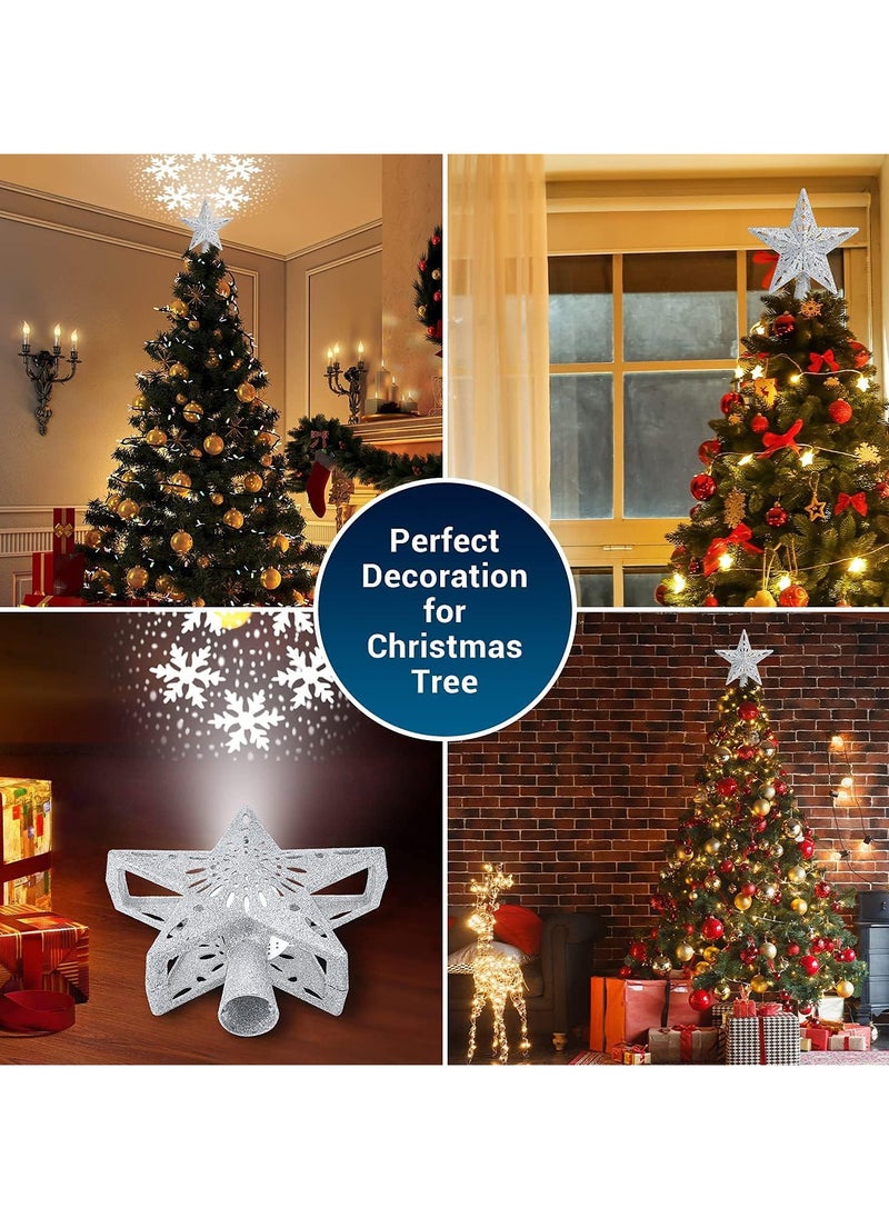 Christmas Tree Topper Light with White Snowflake Projector,Rotating 3D Star Xmas Tree Projector Lamp Snowfall LED Lights,Glittering Snowfall Effect Projector for Christmas Tree Decorations (Silver)