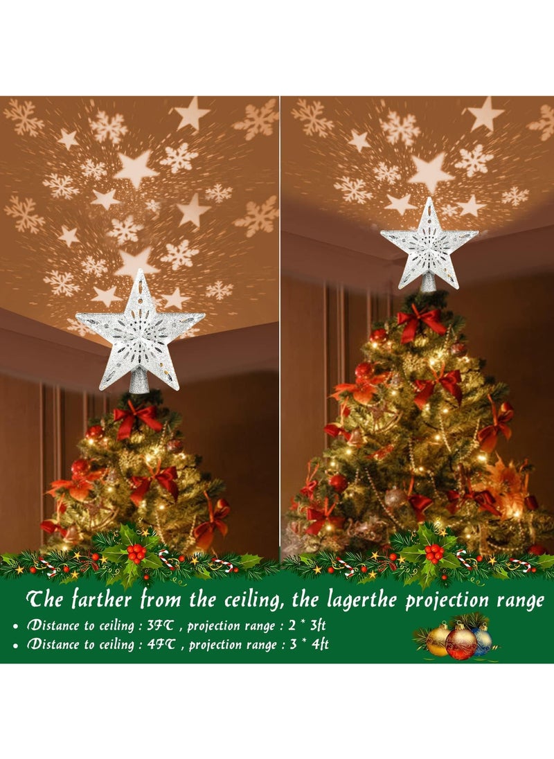 Christmas Tree Topper Light with White Snowflake Projector,Rotating 3D Star Xmas Tree Projector Lamp Snowfall LED Lights,Glittering Snowfall Effect Projector for Christmas Tree Decorations (Silver)