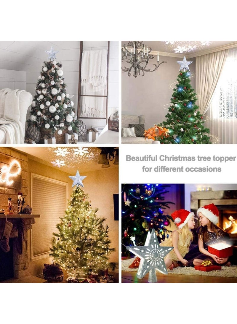 Christmas Tree Topper Light with White Snowflake Projector,Rotating 3D Star Xmas Tree Projector Lamp Snowfall LED Lights,Glittering Snowfall Effect Projector for Christmas Tree Decorations (Silver)