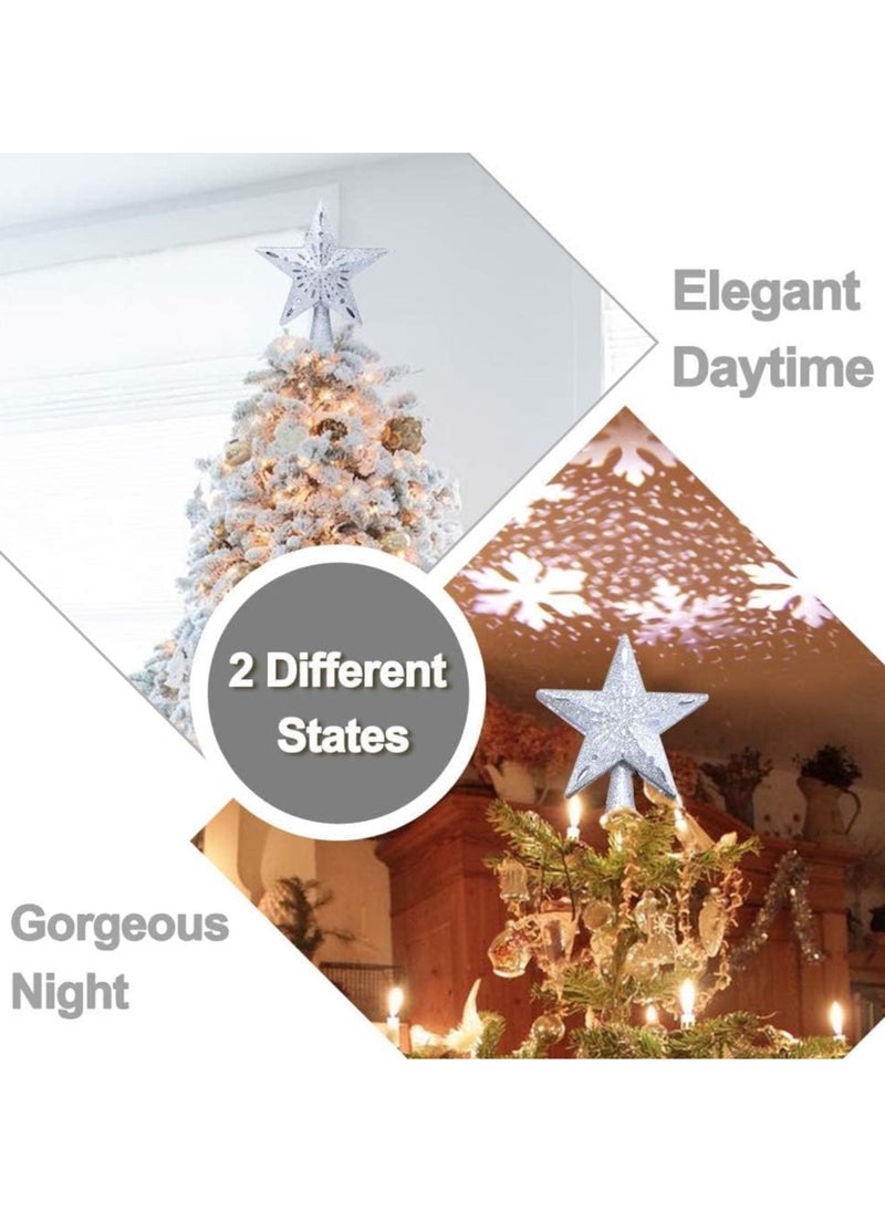 Christmas Tree Topper Light with White Snowflake Projector,Rotating 3D Star Xmas Tree Projector Lamp Snowfall LED Lights,Glittering Snowfall Effect Projector for Christmas Tree Decorations (Silver)