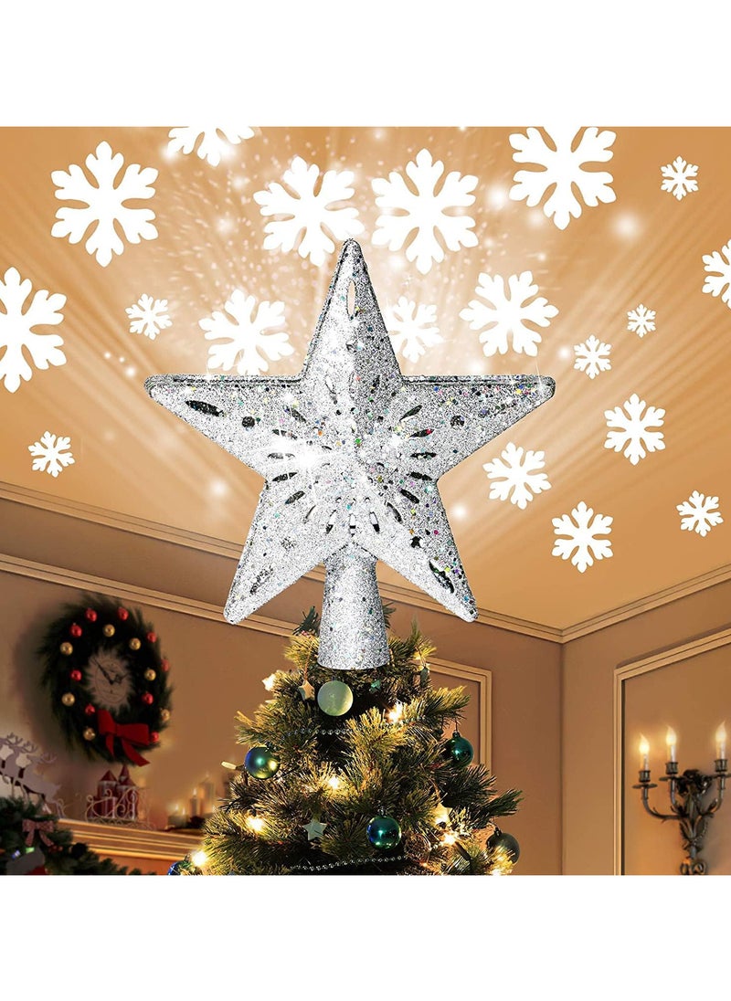 Christmas Tree Topper Light with White Snowflake Projector,Rotating 3D Star Xmas Tree Projector Lamp Snowfall LED Lights,Glittering Snowfall Effect Projector for Christmas Tree Decorations (Silver)