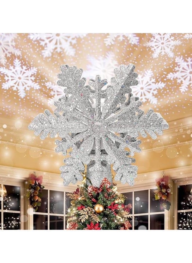 Christmas Tree Topper Light with White Snowflake Projector,Rotating 3D Star Xmas Tree Projector Lamp Snowfall LED Lights,Glittering Snowfall Effect Projector for Christmas Tree Decorations (Silver-Snowflake)