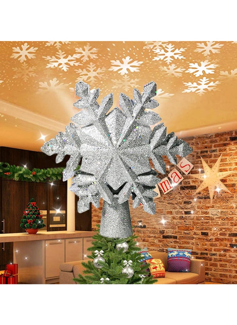 Christmas Tree Topper Light with White Snowflake Projector,Rotating 3D Star Xmas Tree Projector Lamp Snowfall LED Lights,Glittering Snowfall Effect Projector for Christmas Tree Decorations (Silver-Snowflake)