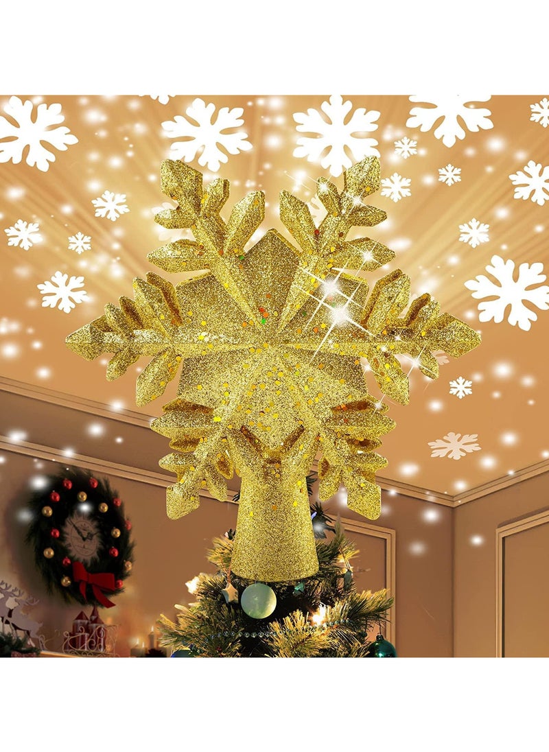 Christmas Tree Topper Light with White Snowflake Projector,Rotating 3D Star Xmas Tree Projector Lamp Snowfall LED Lights,Glittering Snowfall Effect Projector for Christmas Tree Decorations (Gold-Snowflake)