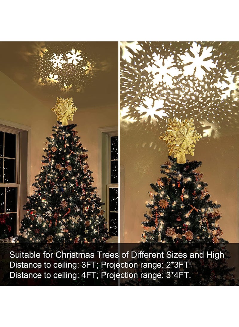 Christmas Tree Topper Light with White Snowflake Projector,Rotating 3D Star Xmas Tree Projector Lamp Snowfall LED Lights,Glittering Snowfall Effect Projector for Christmas Tree Decorations (Gold-Snowflake)