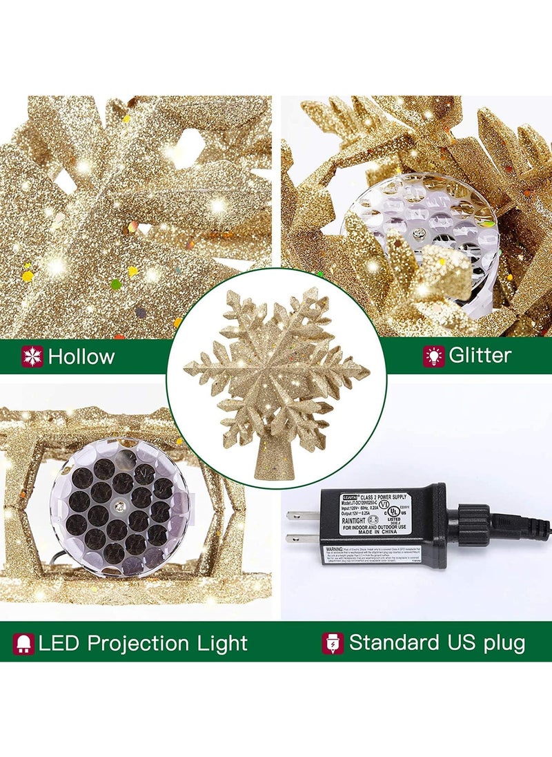 Christmas Tree Topper Light with White Snowflake Projector,Rotating 3D Star Xmas Tree Projector Lamp Snowfall LED Lights,Glittering Snowfall Effect Projector for Christmas Tree Decorations (Gold-Snowflake)