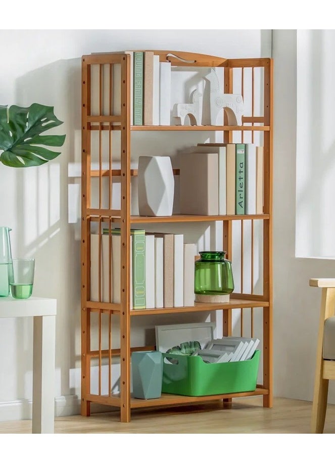 TOMSUN Bamboo Shelf Adjustable Bamboo Wood Bookcase Free-Standing Storage Stand Floor Standing Cabinet Shelf Rack for Living Room Bathroom Kitchen Home Office