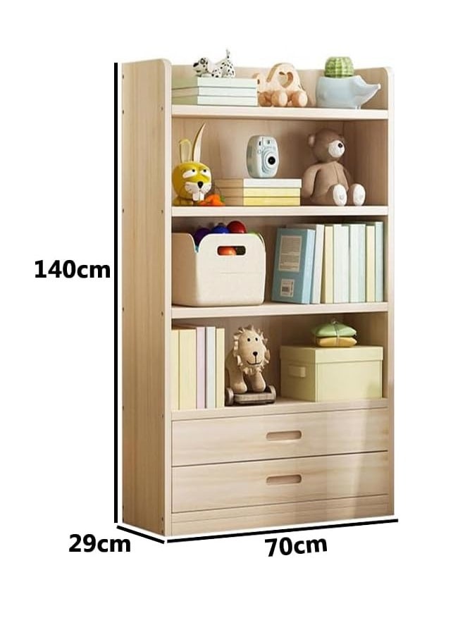 TOMSUN Multi-Tier Wooden Bookshelf with 2 Drawers, Freestanding Storage Rack, for Living Room, Office, Bedroom, Kitchen – 70W x 29D x 140H cm