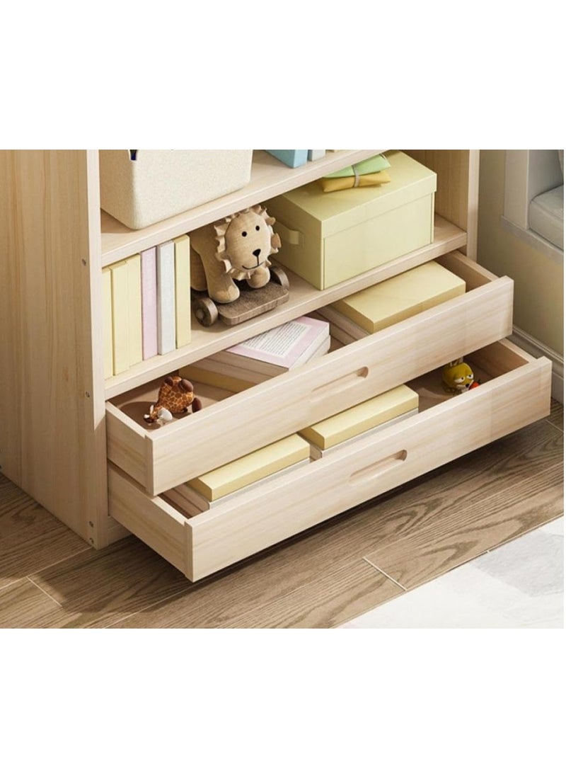 TOMSUN Multi-Tier Wooden Bookshelf with 2 Drawers, Freestanding Storage Rack, for Living Room, Office, Bedroom, Kitchen – 70W x 29D x 140H cm
