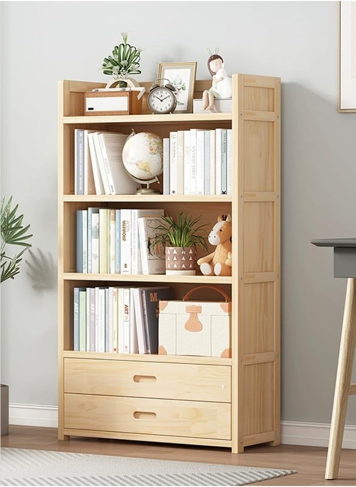 TOMSUN Multi-Tier Wooden Bookshelf with 2 Drawers, Freestanding Storage Rack, for Living Room, Office, Bedroom, Kitchen – 70W x 29D x 140H cm