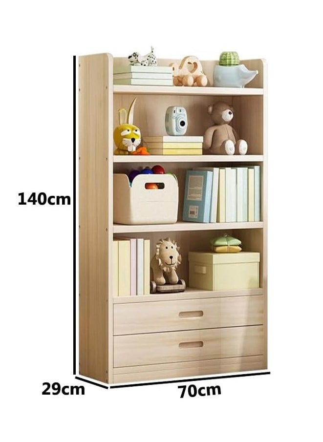 TOMSUN Solid Wood Bookcase with Drawers - Multi-Layer Wood Storage Shelf | Freestanding Bookshelf Cabinet for Home Office, Kitchen, and Bathroom | 4-Layer Display Rack