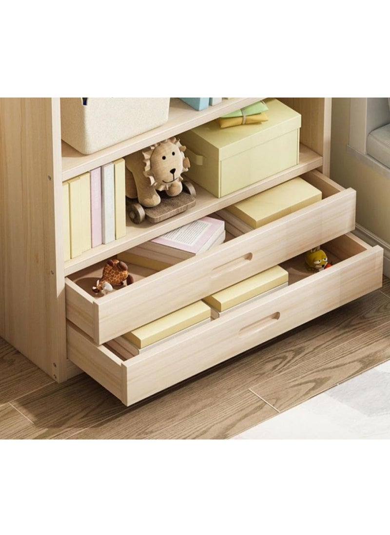 TOMSUN Solid Wood Bookcase with Drawers - Multi-Layer Wood Storage Shelf | Freestanding Bookshelf Cabinet for Home Office, Kitchen, and Bathroom | 4-Layer Display Rack