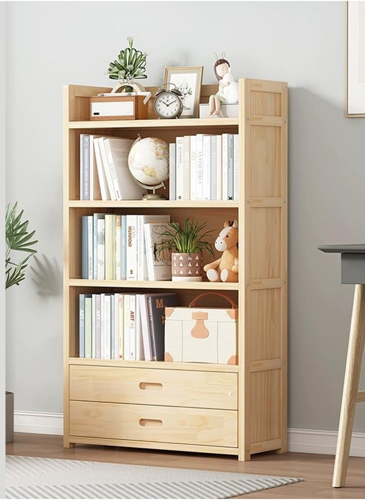 TOMSUN Solid Wood Bookcase with Drawers - Multi-Layer Wood Storage Shelf | Freestanding Bookshelf Cabinet for Home Office, Kitchen, and Bathroom | 4-Layer Display Rack