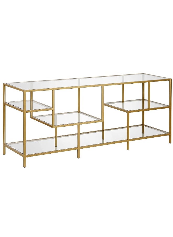 Hometaste Modern Rectangular Metal And Glass Tv Stand: Sleek Entertainment Hub With Gaming Console Storage - Perfect For Living Rooms And Offices - Accommodates Tvs Up To 147.3Cm Gold