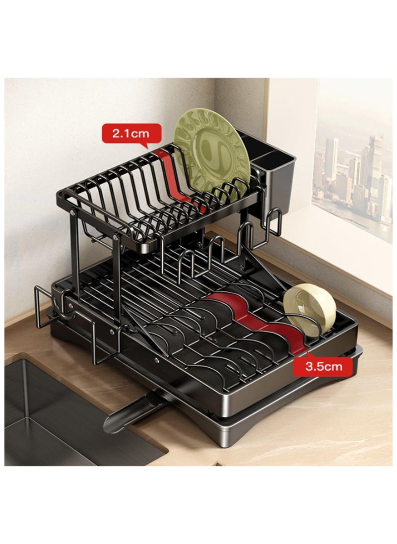 2 Tier Foldable Dish Rack, Double Storage Large Capacity, Kitchen Cutlery Drainer Rack with Water Conduit(White)