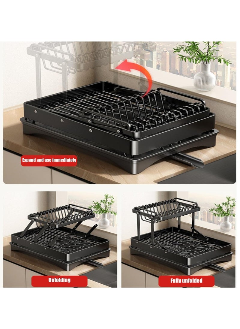 2 Tier Foldable Dish Rack, Double Storage Large Capacity, Kitchen Cutlery Drainer Rack with Water Conduit(White)