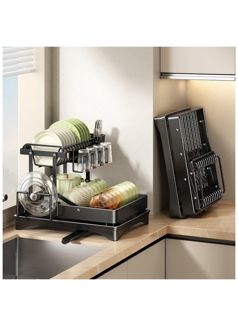 2 Tier Foldable Dish Rack, Double Storage Large Capacity, Kitchen Cutlery Drainer Rack with Water Conduit(White)
