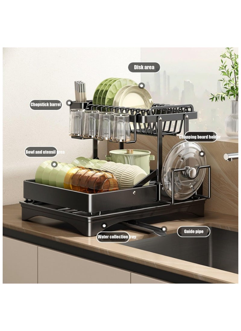 2 Tier Foldable Dish Rack, Double Storage Large Capacity, Kitchen Cutlery Drainer Rack with Water Conduit(White)