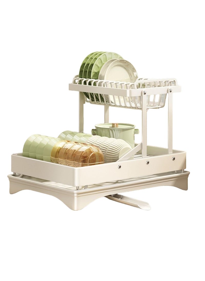 2 Tier Foldable Dish Rack, Double Storage Large Capacity, Kitchen Cutlery Drainer Rack with Water Conduit(White)
