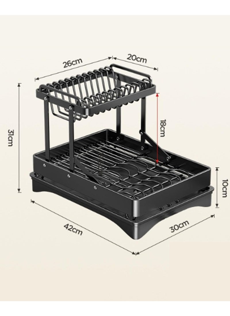 2 Tier Foldable Dish Rack, Double Storage Large Capacity, Kitchen Cutlery Drainer Rack with Water Conduit(White)