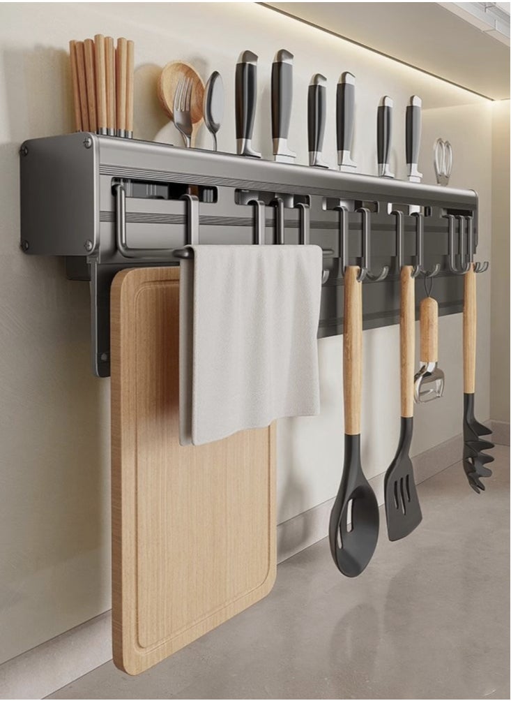 1-Piece Kitchen Knife Storage Rack Knife Holder Kitchen Cutlery Organizer with Towel Rack and Hooks Aluminum Alloy Grey 60x7x6 cm